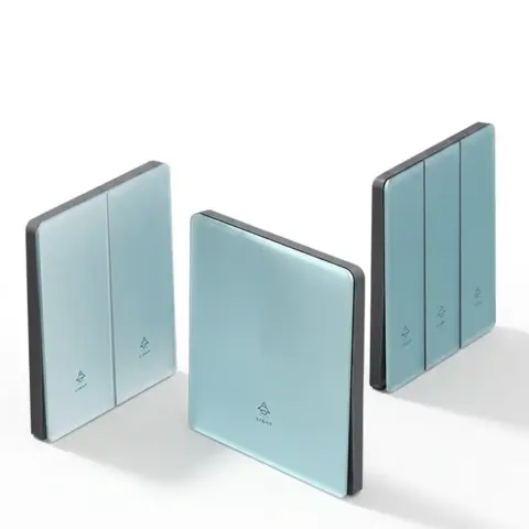 Blue tempered glass wall switch plate with tin phosphor bronze interior