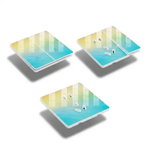 Gradient yellow-blue tempered glass wall switch plate with tin phosphor bronze interior