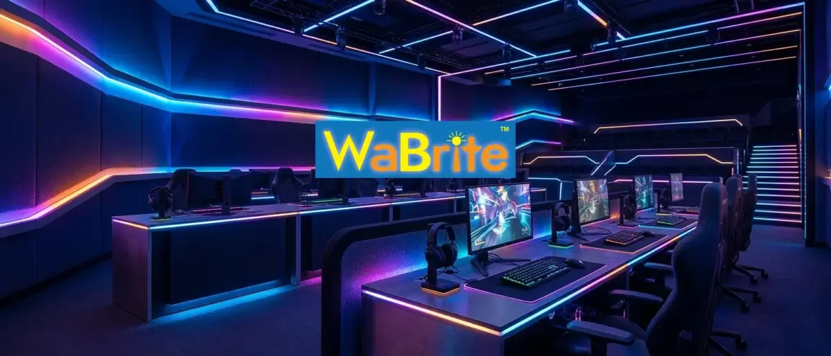 Professional eSports gaming arena interior with integrated RGB music sync LED strip lights installed along desks and ceiling architecture, showcasing immersive commercial lighting design.