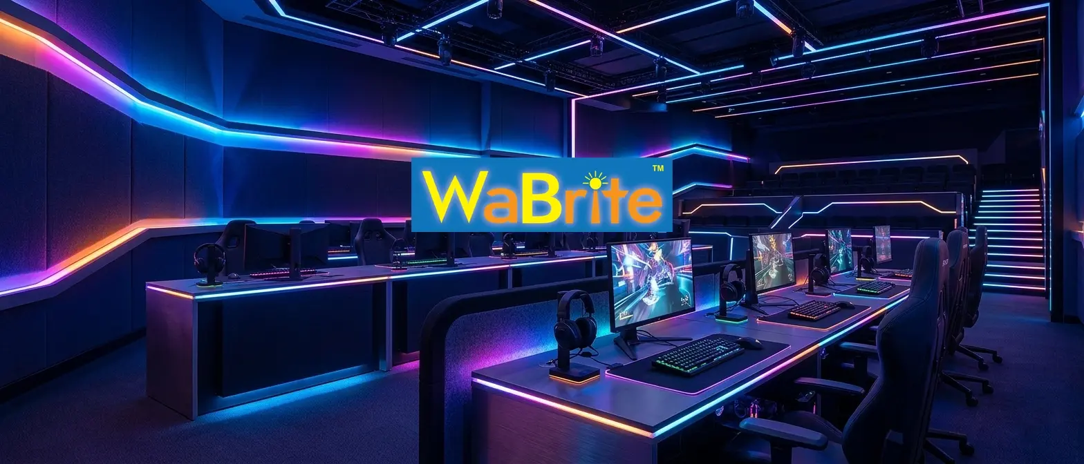 Professional eSports gaming arena interior with integrated RGB music sync LED strip lights installed along desks and ceiling architecture, showcasing immersive commercial lighting design.