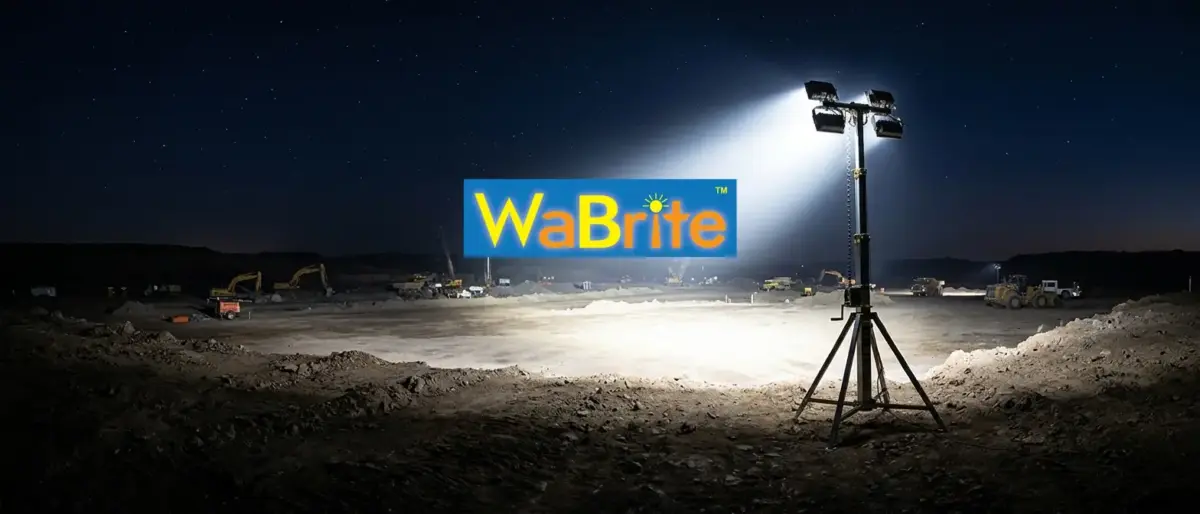 High-intensity industrial LED light tower casting a powerful beam across a remote mining and heavy construction site at night, showcasing rugged engineering illumination standards.