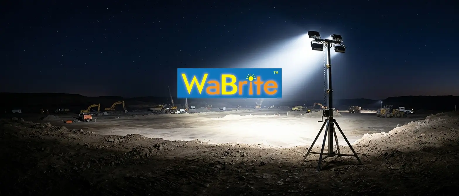 High-intensity industrial LED light tower casting a powerful beam across a remote mining and heavy construction site at night, showcasing rugged engineering illumination standards.