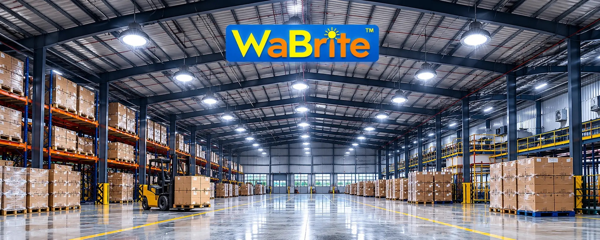 High lumen IP67 waterproof LED UFO high bay lights illuminating a modern industrial warehouse with the WaBrite logo in a professional commercial lighting environment