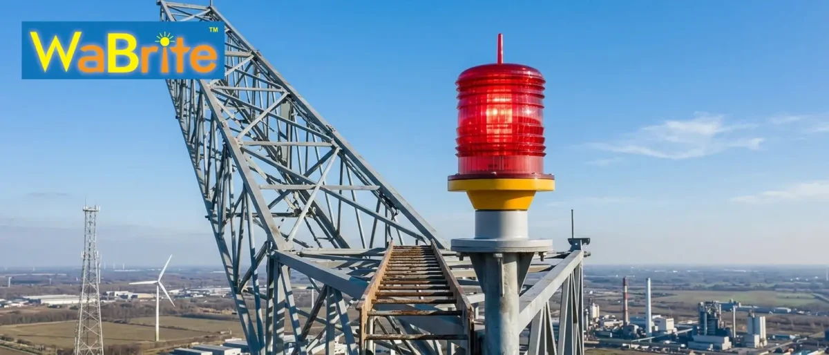 High-intensity LED aviation obstruction light mounted on a steel communication tower for industrial aerial safety.