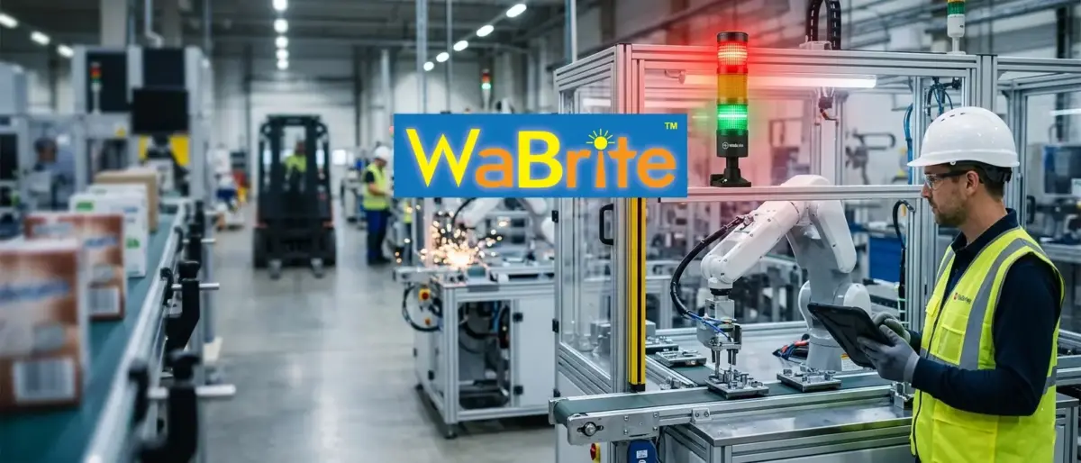 A close-up of a brightly lit industrial LED signal tower light (Red, Amber, Green) mounted on a robotic automation cell, with an engineer in a safety vest operating a tablet and a forklift in the background of a modern factory.