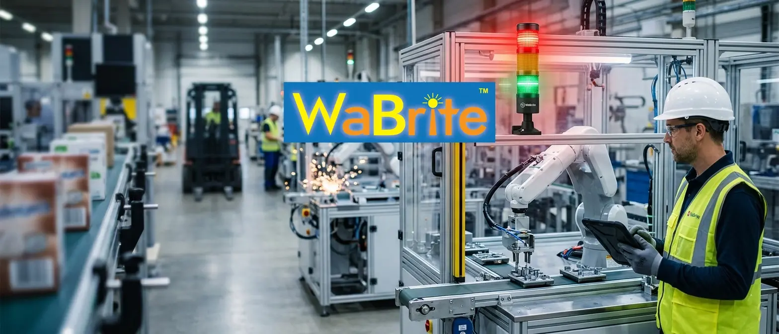 A close-up of a brightly lit industrial LED signal tower light (Red, Amber, Green) mounted on a robotic automation cell, with an engineer in a safety vest operating a tablet and a forklift in the background of a modern factory.