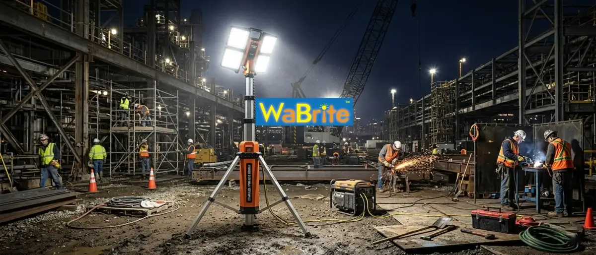 High-power LED industrial work light tower illuminating a busy night construction site with workers, scaffolding, and heavy machinery, providing heavy-duty commercial lighting solutions.