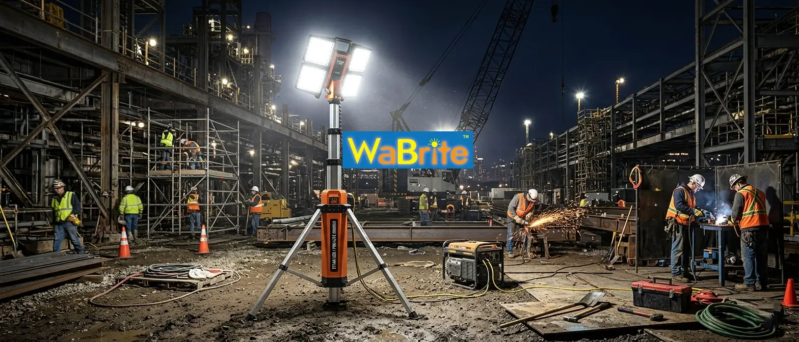 High-power LED industrial work light tower illuminating a busy night construction site with workers, scaffolding, and heavy machinery, providing heavy-duty commercial lighting solutions.