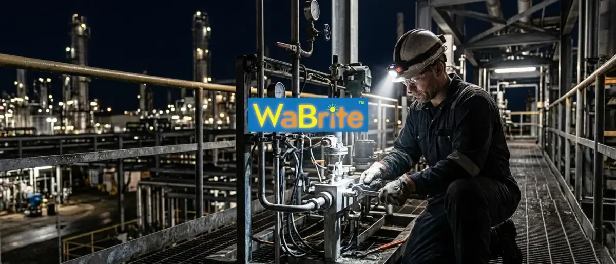Professional industrial technician wearing a high-performance explosion proof headlamp while performing maintenance on pipes in a hazardous plant environment at night.