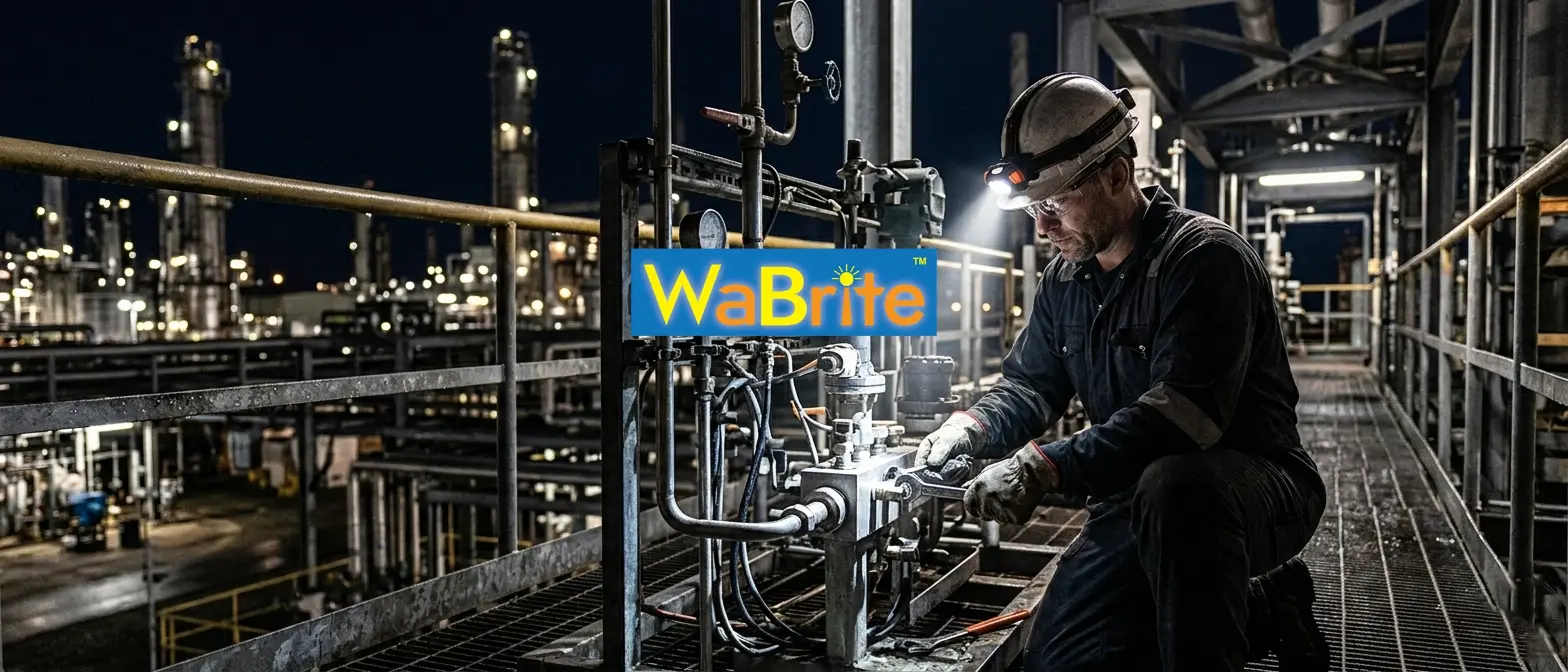 Professional industrial technician wearing a high-performance explosion proof headlamp while performing maintenance on pipes in a hazardous plant environment at night.