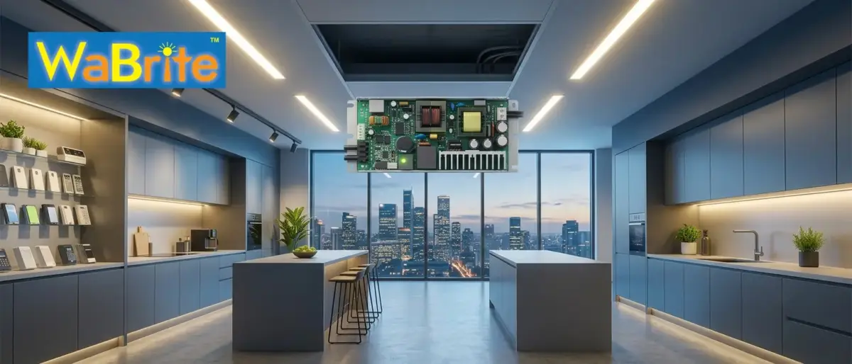 A wide-angle photograph of a sleek, modern kitchen showroom at night, featuring dark gray cabinetry, integrated warm LED linear and track lighting, two gray islands with stools, shelves with home automation products, and a view of a city skyline through large windows.