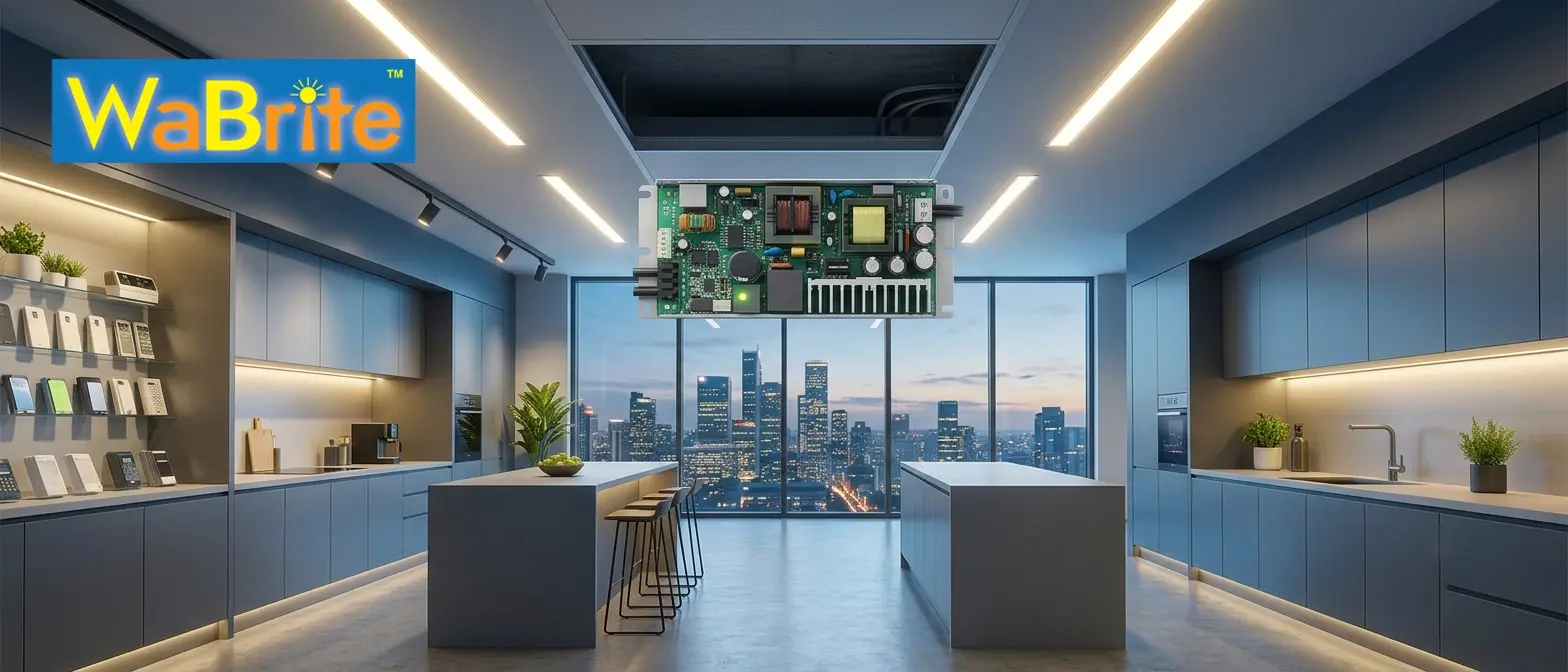 A wide-angle photograph of a sleek, modern kitchen showroom at night, featuring dark gray cabinetry, integrated warm LED linear and track lighting, two gray islands with stools, shelves with home automation products, and a view of a city skyline through large windows.