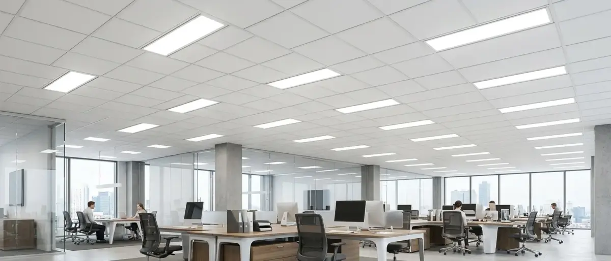 Modern office interior featuring high-efficiency premium LED panel lights installed in a clean, drop ceiling system for commercial workspace illumination.