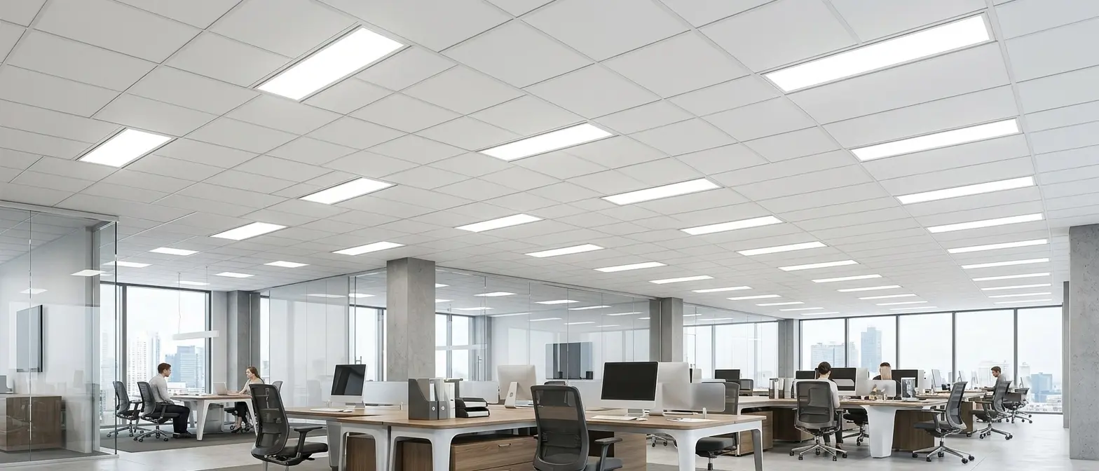 Modern office interior featuring high-efficiency premium LED panel lights installed in a clean, drop ceiling system for commercial workspace illumination.
