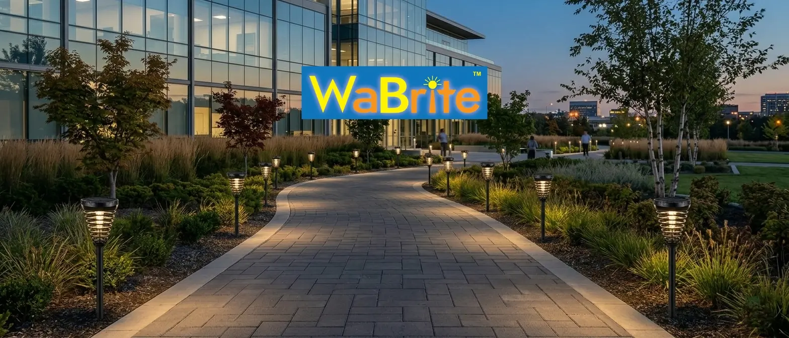 Modern solar LED path lights with spiral design illuminating a commercial office walkway at twilight.