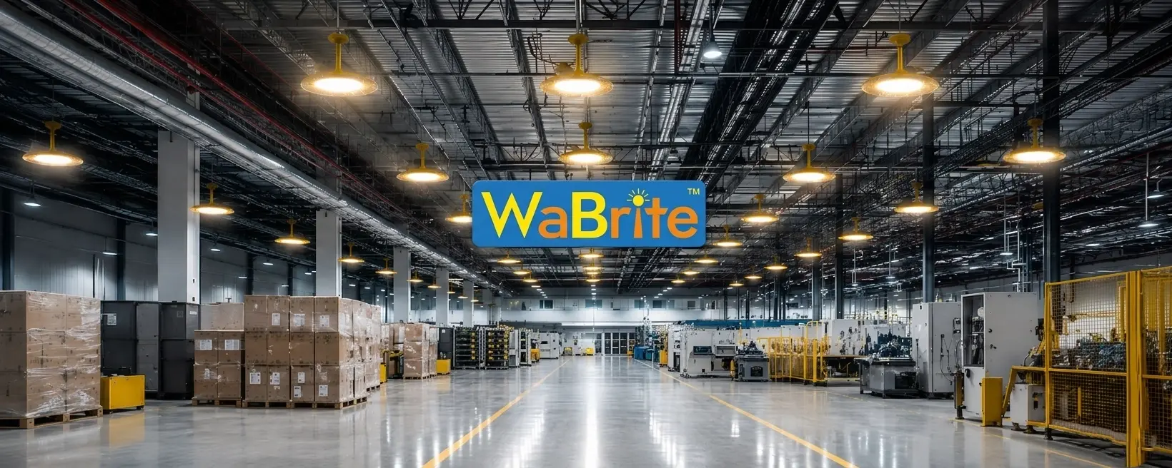Modern industrial warehouse interior with bright LED high bay lighting, polished concrete floors, automated machinery, stacked shipping pallets, and the WaBrite logo centered in the lower section.