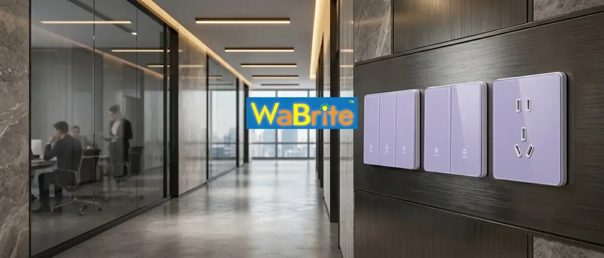 A realistic, detailed wide-angle photograph capturing a row of four coordinated architectural electrical devices with a modern lavender-purple glass finish, flush-mounted on a textured dark slate wall panel within a high-end commercial building corridor. The devices, from left to right, consist of a vertical 3-gang rocker light switch, a 2-gang rocker light switch, and two Australian-style (Type I) power socket outlets. All plates have minimalist white frames and the switches show clean 'LIGHT' text and lamp icons below the rockers. The devices are positioned in the foreground on the right, angled towards the left.