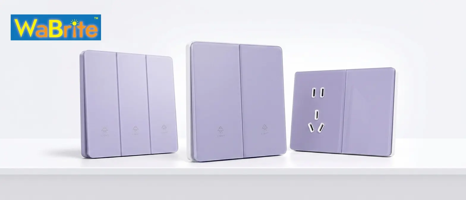 A front three-quarter view product photograph of a coordinated set of three WaBrite smart electrical devices with a modern lavender-purple glass finish and white frames, displayed on a clean white surface. From left to right: a three-gang smart light switch panel with 'LIGHT' text and lamp icons; a two-gang smart light switch panel with 'LIGHT' text and lamp icons; and an Australian standard (Type I) 3-pin power socket with two integrated USB ports (one USB-A, one USB-C) and an adjacent blank single-gang plate. All panels show clean vertical lines and minimalist branding.