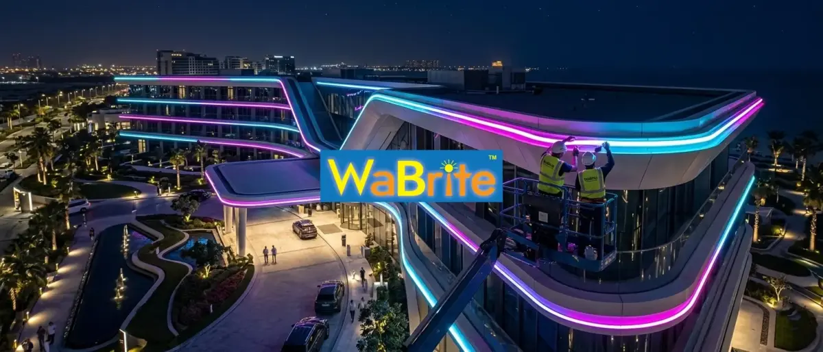 Professional installation of RGB flexible silicone LED neon strips on the exterior roofline of a modern commercial building by technicians in a lift.