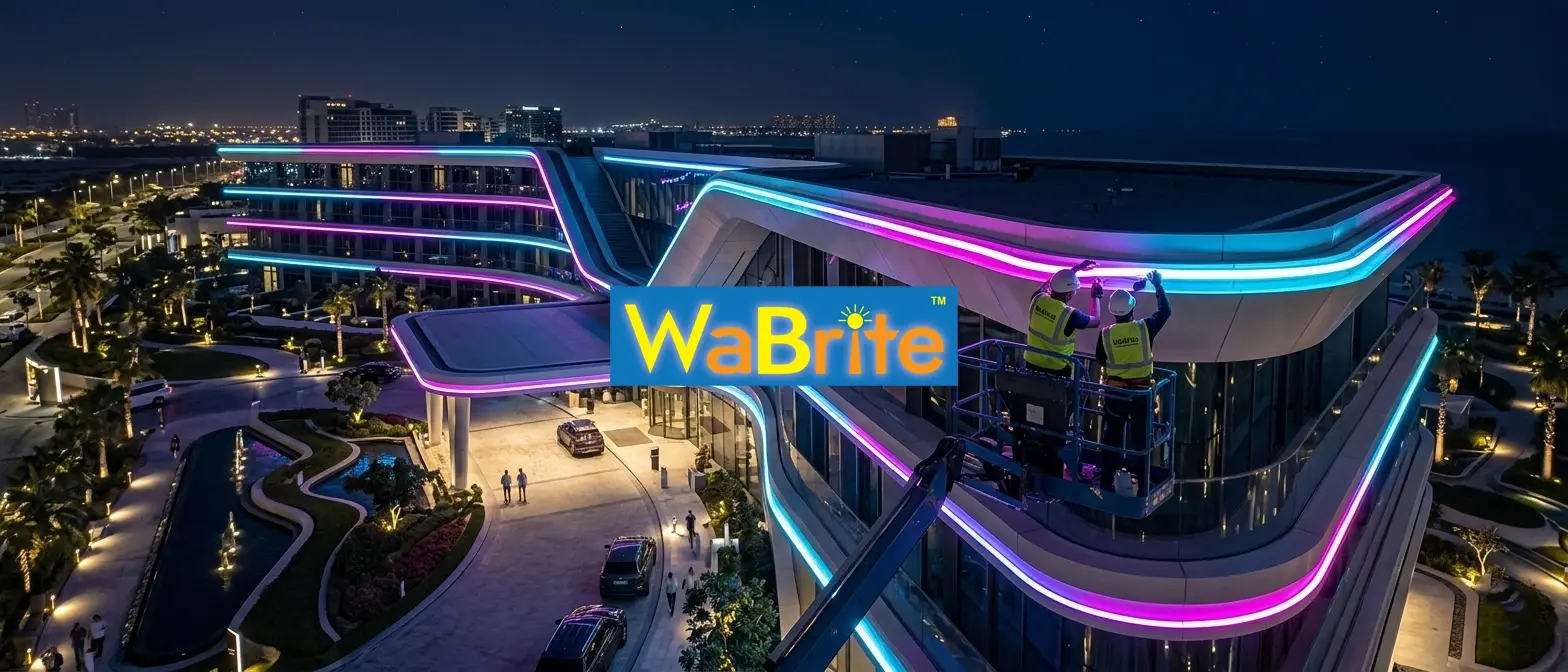 Professional installation of RGB flexible silicone LED neon strips on the exterior roofline of a modern commercial building by technicians in a lift.