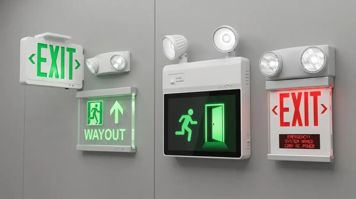 A collection of modern commercial emergency exit signs and integrated safety lighting units mounted on a clean gray wall, including digital status displays and LED emergency heads.
