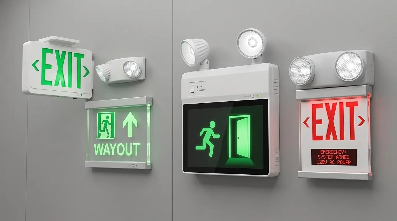 A collection of modern commercial emergency exit signs and integrated safety lighting units mounted on a clean gray wall, including digital status displays and LED emergency heads.