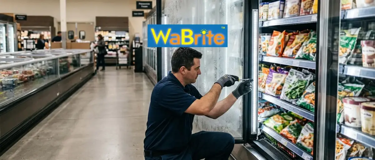 A professional technician installing a premium LED hard light bar inside a commercial frozen food refrigerator display case in a supermarket.