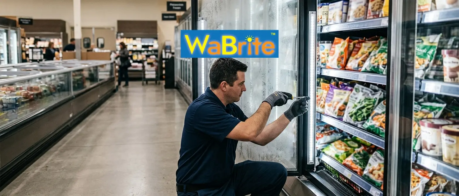 A professional technician installing a premium LED hard light bar inside a commercial frozen food refrigerator display case in a supermarket.