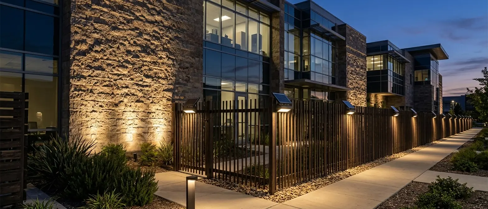 Modern solar crystal bubble wall lights installed on a commercial fence at night, providing warm ambient landscape illumination.