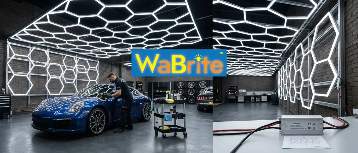 Professional auto detailer polishing a blue sports car in a workshop illuminated by shadow-free hexagonal LED grid ceiling lights.