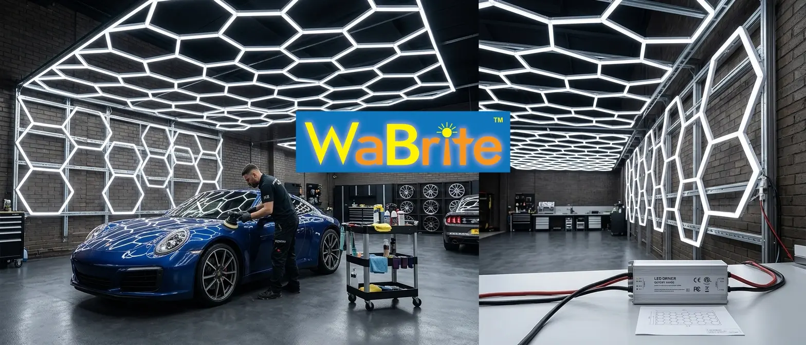 Professional auto detailer polishing a blue sports car in a workshop illuminated by shadow-free hexagonal LED grid ceiling lights.