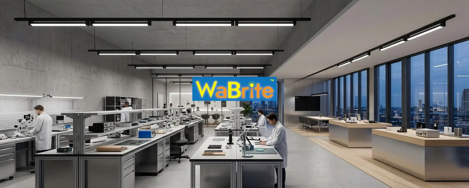WaBrite 120-degree linear LED track light and aluminum spotlight system installed in a modern high-end commercial office space providing professional architectural illumination.