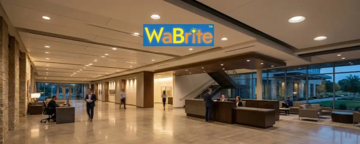 Modern corporate office lobby featuring energy-efficient recessed LED ceiling lights by WaBrite, with a spacious reception area, polished concrete floors, and professional people.
