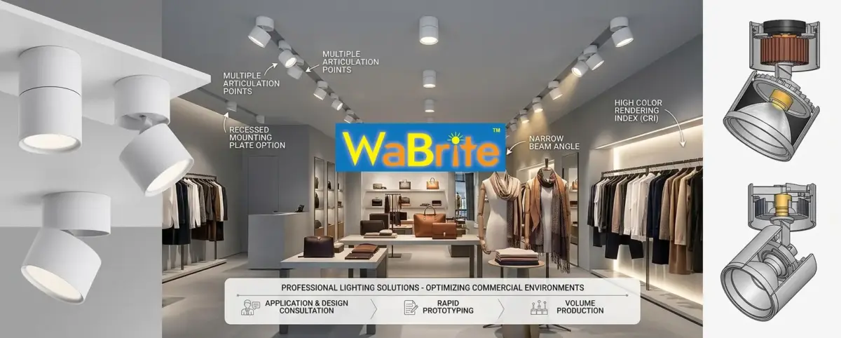WaBrite surface mounted adjustable LED spotlight and downlight solutions in a modern luxury retail clothing store environment with technical cross section diagrams.