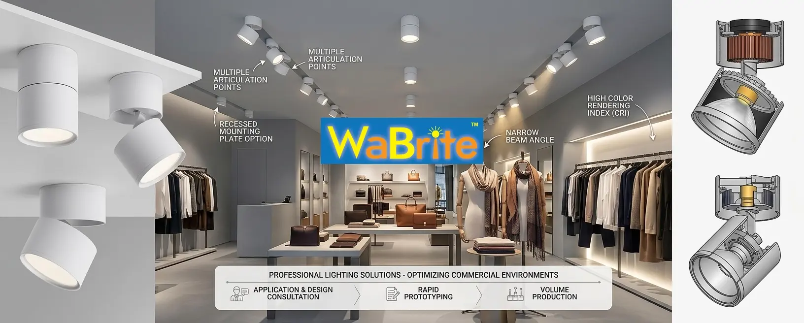 WaBrite surface mounted adjustable LED spotlight and downlight solutions in a modern luxury retail clothing store environment with technical cross section diagrams.